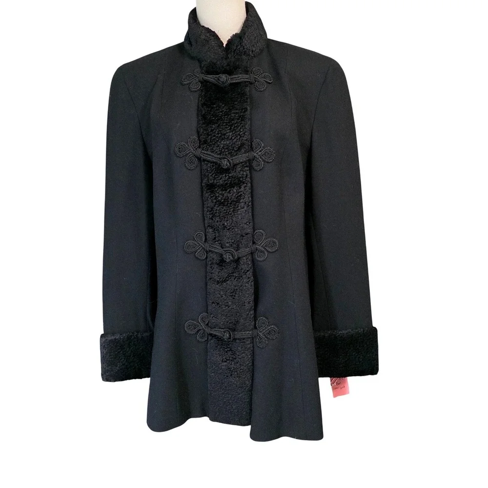Lilli Ann Jacket Womens M Black‎ Excellent Vintage Persian Lamb Fur Frog Closure